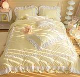 Triogift Korean Ins Bedding Set, Luxury Quilt Cover, Pillowcase Flat Bed Sheets, Simple Girl Princess Ruffle Home Textiles