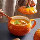 Triogift 300/450ML Halloween Pumpkin Shaped Ceramic Cup With Spoon Kawaii Soup Mug With Lid  Oatmeal Cup Creative Water Cup