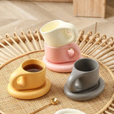 Triogift 1set 400ml Ceramic Coffee Chubby Mug Saucer Set Creative Cute Fat Handle Cup With Saucer For Office And Home Room Decor