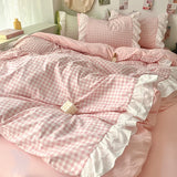 Triogift Korean Princess Style Lattice Double Layer Lace Bedding Set Soft Quilt Cover Plaid Style Duvet Covers Set Bed Sheet Pillowcases