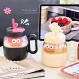 Triogift  -  600ml Kawaii Glass Cup With Lid And Straw For Ice Hot Coffee Water Tea Juice Glass Mug Bottle Aesthetic Large Drink Bottle Gift