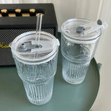 Triogift  -  1pc 600ml Stripe Glass Cup with Lid and Straw Transparent Drinking Glasses for Juice Iced Coffee Water Cup Outdoor Drinkware Mug