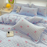 Triogift Ins Princess Blue Grid Duvet Cover with Bowknot Pillowcase Bed Sheet Kids Girls Bedding Set Full Size Cute Kawaii Bedclothes