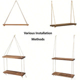 Triogift 1PC Wooden Swing Hanging Hemp Rope Wall Shelve Mounted Floating Home Living Room Plant Flower Pot Tray Storage Garden Decoration