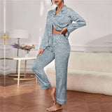 Triogift  Spring Womens Silk Chemise Women Fashion Pajama Stripe Sets Long Sleeve Button Down Sleepwear Nightwear Soft Pjs Lounge Sets