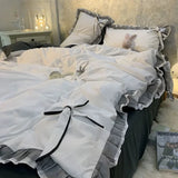 Triogift Grey White Quilt Cover Korean Prinsess Bow Girl Bedding Sets Simple Solid Color Bedclothes Decor Bedroom