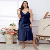 Triogift  Large size Women Sleepwear Summer Homewear Solid Satin Seemless Midi Nightdress Plus Size Spaghetti Strap Nightgown 60-75kg