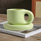 Triogift 1set 400ml Ceramic Coffee Chubby Mug Saucer Set Creative Cute Fat Handle Cup With Saucer For Office And Home Room Decor