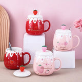 Triogift  -  1pc 450ml Cute Strawberry Ceremic Cup with Lid Spoon Water Cup Coffee Mug Creative Gift Easy To Clean Summer Winter Drinkware