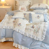 Triogift  Embroidered Milk Fiber Vintage Rabbit Four-Piece French Girl Heart Embroided Bed Sheet Quilt Cover