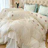 Triogift  French Romantic Lace Bubble Gauze Bedding Set Queen Elegant Princess Style Embroidered Duvet Cover Set Ruffled Quilt Cover Sets