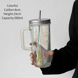 Triogift Large Capacity Straw Glass Cup Creative Straw Cup With Lid And Handle Portable Coffee Milk Cold Drink Cup Drinkware Accessories