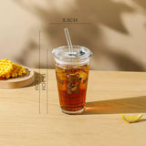 Triogift  -  Cute Letter Korean Glass Water Bottle With Straw And Lid  480ml Simple Coffee Milk Juice Breakfast Glass Cups For Drinks Gift