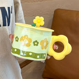 Triogift  -  Ceramic Mug with Lid Handle, Cartoon Flower, Office, Home, Water Cup, Simple, Cute Couple, Breakfast Milk Coffee Cup Ins Fashion