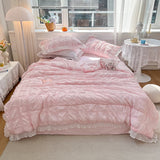 Triogift 1/3Pc Pink Korean Style Princess Lace Ruffles Soft Seersucker Summer Quilt Single Double Queen Quilted Summer Comforter Blanket