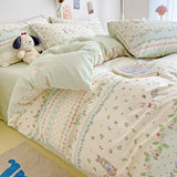 Triogift 3pcs Pure Cotton Cartoon Rabbit Printed Duvet Cover Fresh Plant Flower Comforter Cover Set Skin-friendly Breathable Home Bedding