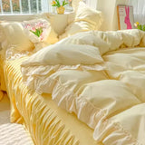 Triogift  Princess Korean Style Bedding Set Aesthetic Queen Full King Size Solid Color Double Bed Bedspread Sheets Ruffled Duvet Cover Set