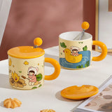 Triogift  -  Ceramic Cup Couple Style Cute Girl Drinking Water Cup At Home Office Coffee Mugs Souvenir Gift Mugs with Lid and Spoon 400 ML