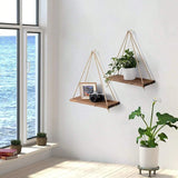 Triogift 1PC Wooden Swing Hanging Hemp Rope Wall Shelve Mounted Floating Home Living Room Plant Flower Pot Tray Storage Garden Decoration