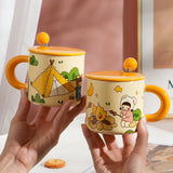 Triogift  -  Ceramic Cup Couple Style Cute Girl Drinking Water Cup At Home Office Coffee Mugs Souvenir Gift Mugs with Lid and Spoon 400 ML