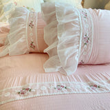 Triogift Girls Pastel Pink Bedding Set Queen King Size Luxury Embroidery Lace Ruffle Quilt Duvet Cover Pillow Shams Double Bed Linen