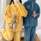 Triogift  Couple Pajamas Set Autumn Winter Flannel Long Sleeve Zipper Long Plush Sleepwear Suit Men Nightcloth Thick Velvet Thermal Women