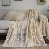 Triogift Love Seat Sofa Cover Single Double Set Retro Hollow Lace Picnic Blanket Throw Blanket Three-Seater Sofa Decoration Beige