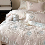 Triogift  Rose Flowers Embroidery Lace Ruffles Duvet Cover Bed Sheet Pillowcases 1000TC Egyptian Cotton French Vintage Wedding Bedding Set