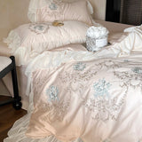 Triogift  Rose Flowers Embroidery Lace Ruffles Duvet Cover Bed Sheet Pillowcases 1000TC Egyptian Cotton French Vintage Wedding Bedding Set