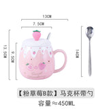 Triogift  -  1pc 450ml Cute Strawberry Ceremic Cup with Lid Spoon Water Cup Coffee Mug Creative Gift Easy To Clean Summer Winter Drinkware