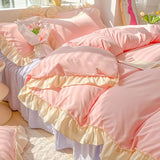 Triogift Korean Princess Style Bedding Ins Solid Color Duvet Cover Sets With Pillowcae Girls Ruffle Lace Home Textiles Decor Bedroom