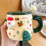 Triogift  - Cartoon Christmas Mug Household Cute Milk Ceramic Cup with Lid and Spoon Accompanying Gift Couple Coffee Cup