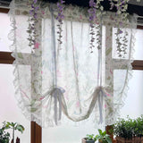 Triogift  Ruffle Floral Pull-Up Curtain for Small Window Lace Sheer Lifting Drape Kitchen Porch Home Decoration Blinds #E