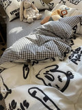 Triogift  Ins Black and White Graffiti Crocodile Kitten Bed Pure Cotton Duvet Cover Bed Sheet