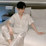 Triogift  White Striped Men Pajamas Suit Short Sleeved Long Pants Thin Ice Silk Sleepwear Summer Satin Silk Home Clothing Set Pyjamas Male