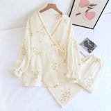 Triogift 2024 Spring Crepe Kimono Long Sleeve Home Clothes Female Sleepwear Gauze Cotton V-Neck Home Suit Women's Pajama