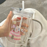 Triogift  -  1000ml Cute Glass Cups Aesthetic With Lid And Straw For Cold Hot Coffee Mug Big Glasses Cup For Drinks Water Tea Milk Juice Beer