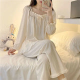 Triogift Ruffles Sleepwear Women Pajama Sets Lace-up Long Pants Sets 2 Pieces Piiama Solid Korean Style Full Sleeve Autumn Night Wears