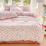 Triogift Pastoral Girls Flower Bedding Sets, Washed Cotton Bed Linens, Soft Quilt Cover Sheet Set, Simple Bedspread, Home Textiles