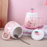 Triogift  -  1pc 450ml Cute Strawberry Ceremic Cup with Lid Spoon Water Cup Coffee Mug Creative Gift Easy To Clean Summer Winter Drinkware