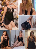 Triogift  Plus Size Babydoll Womens Snap Crotch Lingerie V Neck Lace See Through Nighty Sleepwear L-5XL Honeymoon Nightdress Pajamas