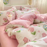 Triogift Pink Flowers Bedding Set Cartoon Rabbit Floral Duvet Cover Queen Full Twin Size Flat Bed Sheet Pillowcase Kawaii Bed Linen