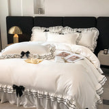 Triogift Chic Multi Layer Ruffle 3/4/6Pcs White Duvet Cover Set Soft Microfiber Girls Bedding with Cute Bow-Knots Bed Sheet Pillowcases