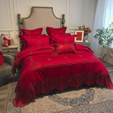 Triogift  European Princess Style Lace Duvet Cover Set Red High-end Wedding Bedding set King Queen Size Bed set bed sheet set juego de cam