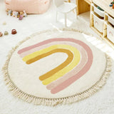 Triogift Machine Washable Tassel Carpet Round Cute Cartoon Rainbow Children Bedroom Fluffy Rug Home Decoration Creativity No Crease Mat