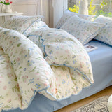 Triogift Pastoral Girls Flower Bedding Sets, Washed Cotton Bed Linens, Soft Quilt Cover Sheet Set, Simple Bedspread, Home Textiles