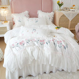 Triogift Lace Ruffles Bedding Set Luxury Cotton Flower Embroidery Bedclothes Girls Full Size Quilt Cover Sets Queen King Bed Linen Sets