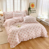 Triogift New Ruffles 100% Cotton Duvet Cover Set or Single Duvet Covers Floral Princess Style All Cotton Quilt Cover Queen Blanket Cover