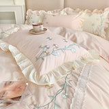 Triogift  100%Cotton Princess Bedding Set Soft Washed Cotton Flowers Embroidery Lace Ruffles Quilt Cover Set Flat/Fitted Sheet Pillowcases