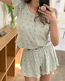 Triogift  Summer Floral Print Pajamas Set Korean Women Short Sleeve Shirts Tops + Shorts Set Kawaii Home Suit Sweet Green Homewear Clothes